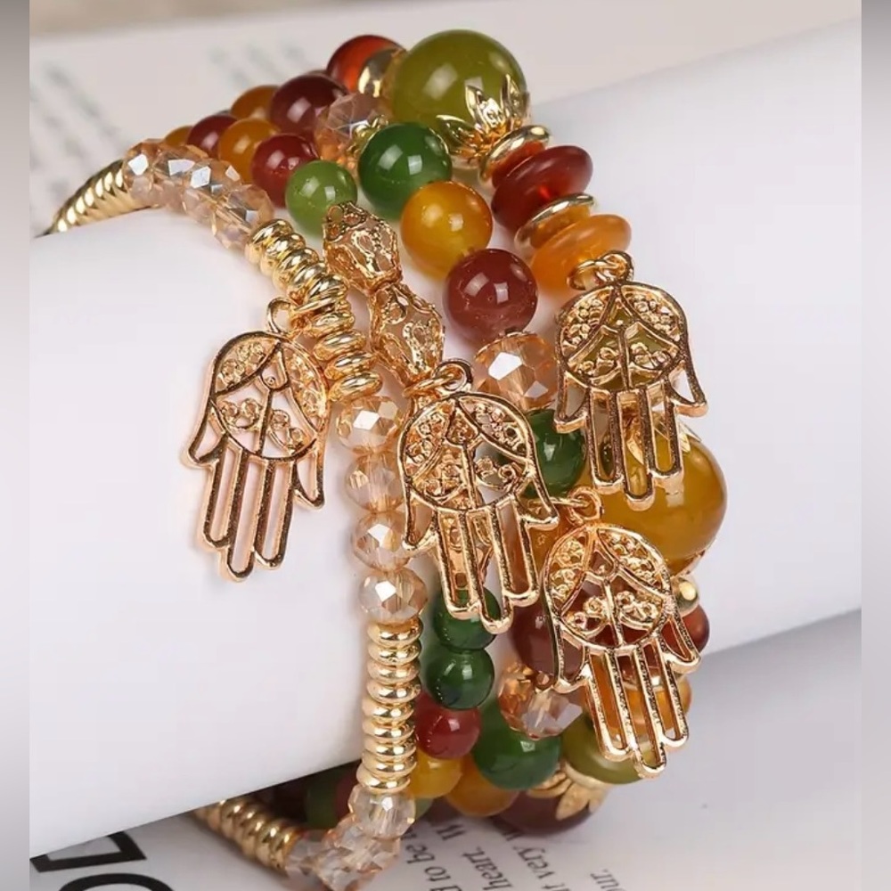 💥4pcs/set Creative Fashion Boho Golden Hamsa Palm Pendant Beads Bracelet